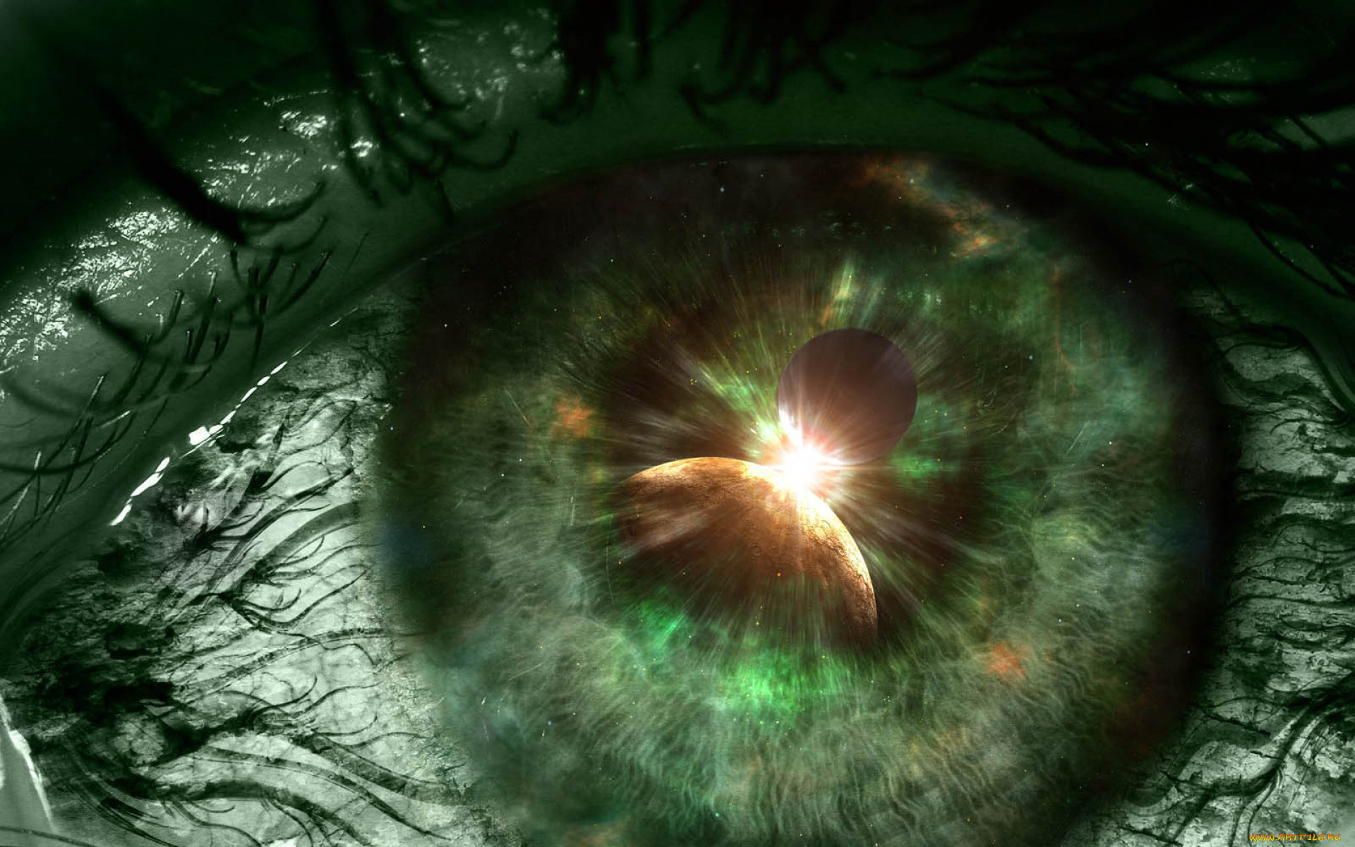 Притяжение глаз. Мистические глаза. Зелёные глаза. Космос в глазах. Отражение в зрачке.